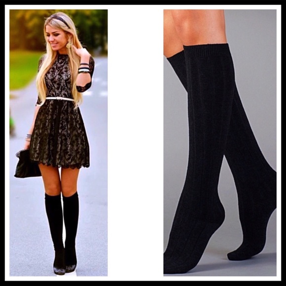 2 BLACK TALL LUXE KNIT KNEE HIGH BOOT SOCKS A2C - Picture 7 of 8